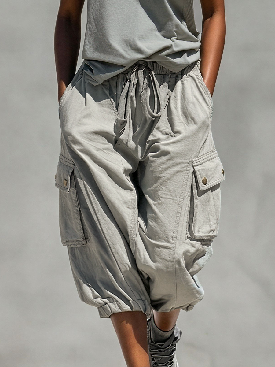 Women’s Grey Sleeveless Tank Top & Cargo Jogger Shorts Two-Piece Set