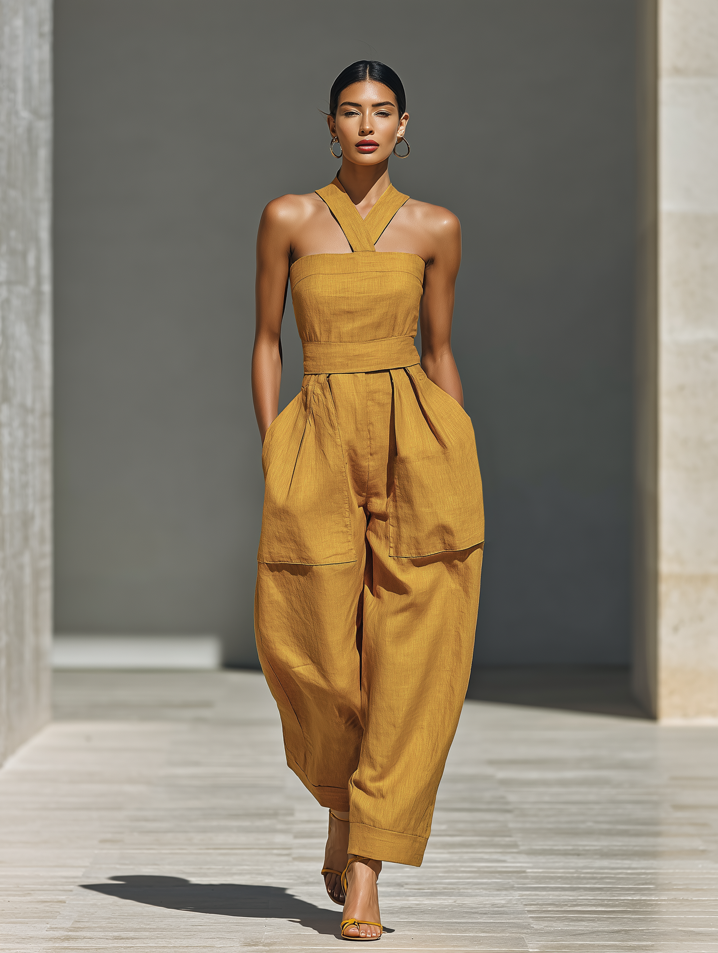Women's Mustard Yellow Linen-Blend Jumpsuit With Crisscross Neckline & Relaxed Trousers