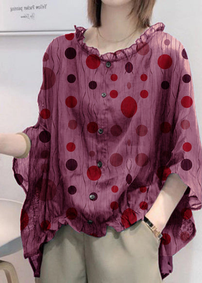 Art Black print Tops Ruffles Trim Half Sleeve Shirts Blouse Plus Size