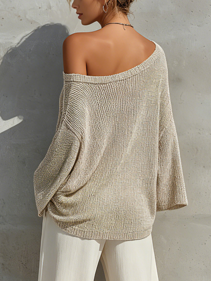 Women's Beige Shimmer Ribbed Knit Off Shoulder Drop Shoulder Three Quarter Sleeve Casual Blouse