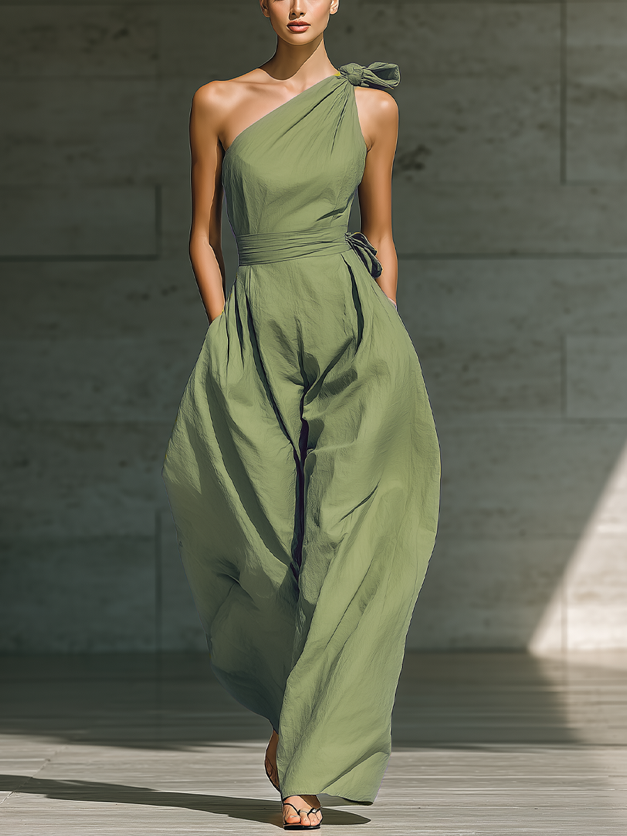 Women's Light Green Cotton And Linen Blend One-Shoulder Wide-Leg Jumpsuit With Tie Waist
