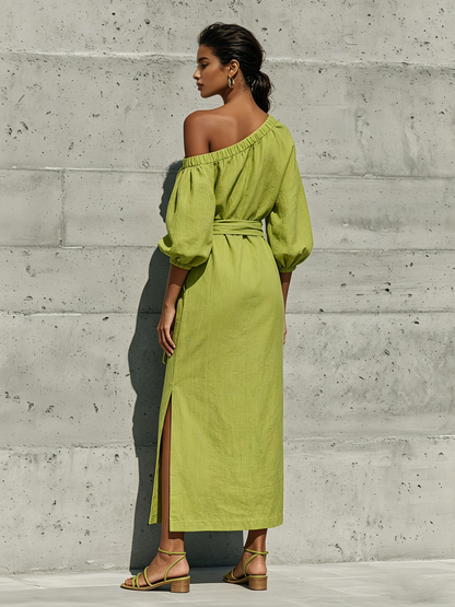 Women’s Lime Green Linen-Blend Off-The-Shoulder Puff Sleeve Tie Waist Midi Dress With Side Slit