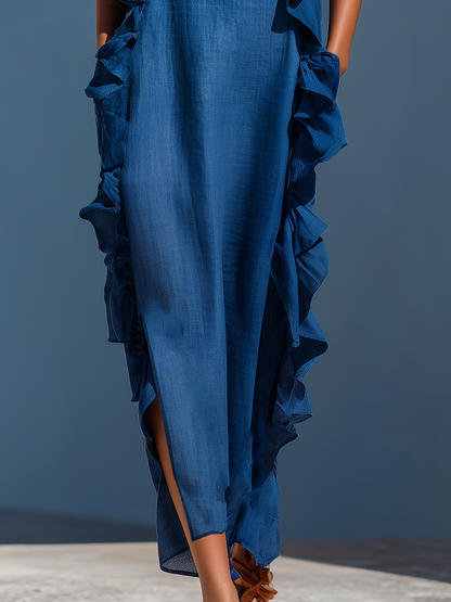 Women’s Blue Linen-Blend Spaghetti Strap Ruffle Trim Maxi Dress With Slit