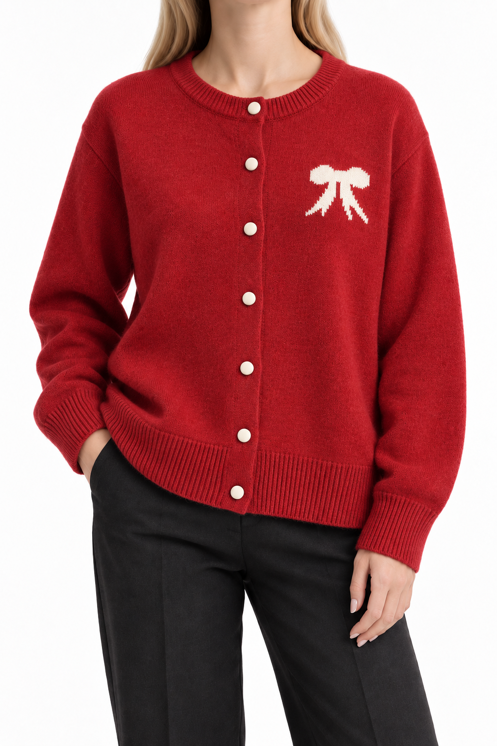 Women's Bow Knit Cardigan – Pearl Button Round Neck Sweater