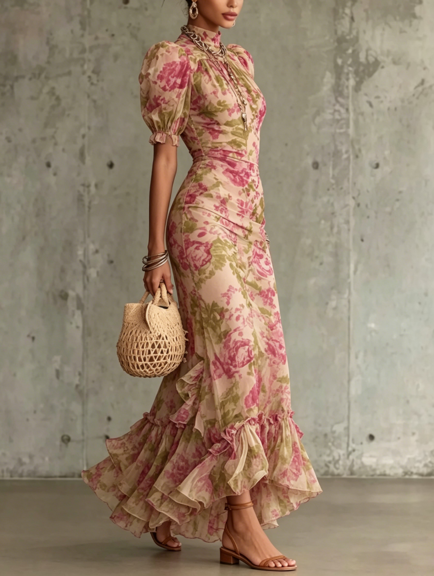 Women High Neck Puff Sleeve Ruffle Hem Floral Print Maxi Dress