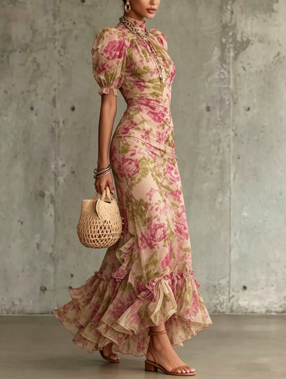 Women High Neck Puff Sleeve Ruffle Hem Floral Print Maxi Dress