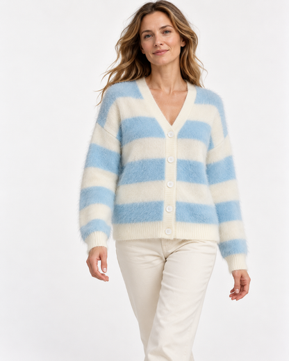 Women's Striped Cardigan – Fuzzy V-Neck Button-Front Knit Sweater