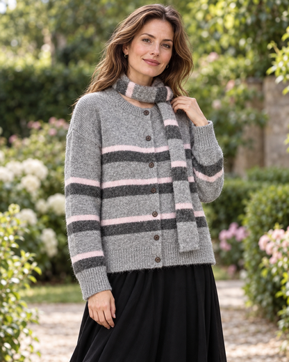 Women's Striped Wool Cardigan with Scarf – Relaxed-Fit Button-Front Knit Sweater
