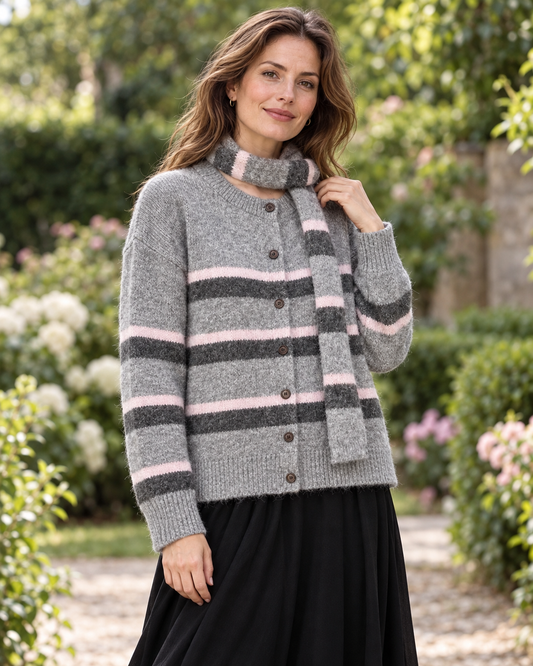 Women's Striped Wool Cardigan with Scarf – Relaxed-Fit Button-Front Knit Sweater