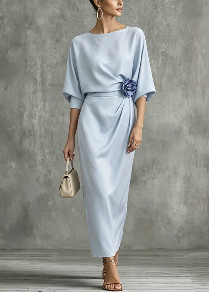 Italian Blue O Neck Floral Cotton Maxi Dress Summer