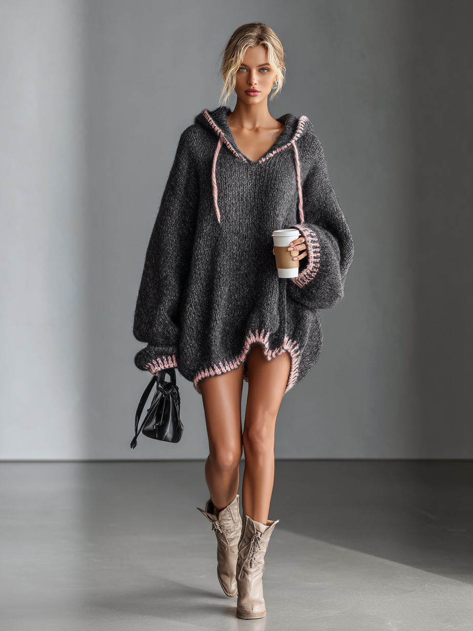 Women's Loose Hooded Pink Trimmed Knit Mini Dress