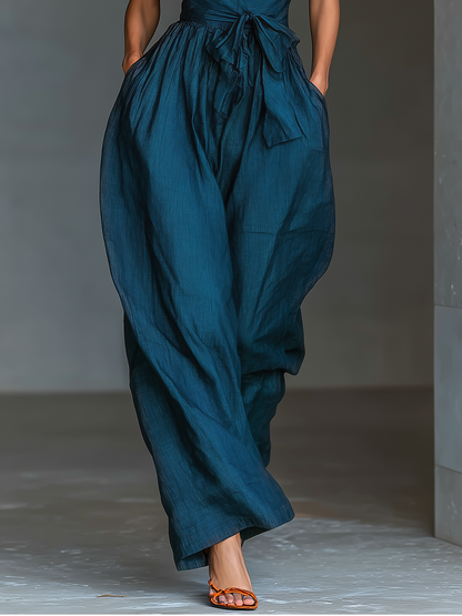 Women's Navy Blue Linen Fabric Cross Halter Wide-Leg Jumpsuit With Tie Waist & Side Pockets