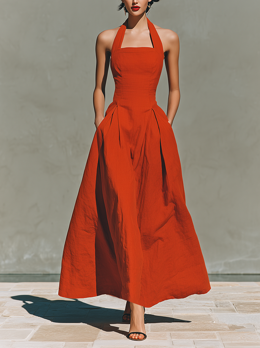Women's Red Linen Maxi Dress With Halter Neck & Pleated Skirt, Timeless Elegant-Resort Style Dress