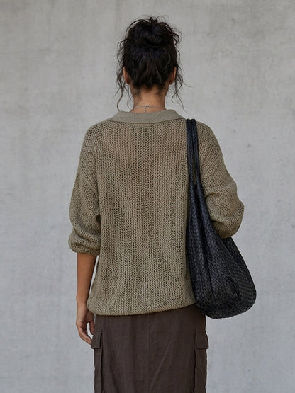 Women's Minimalist Pointelle Half-Zip Long-Sleeve Sweater