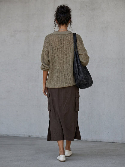 Women's Minimalist Pointelle Half-Zip Long-Sleeve Sweater