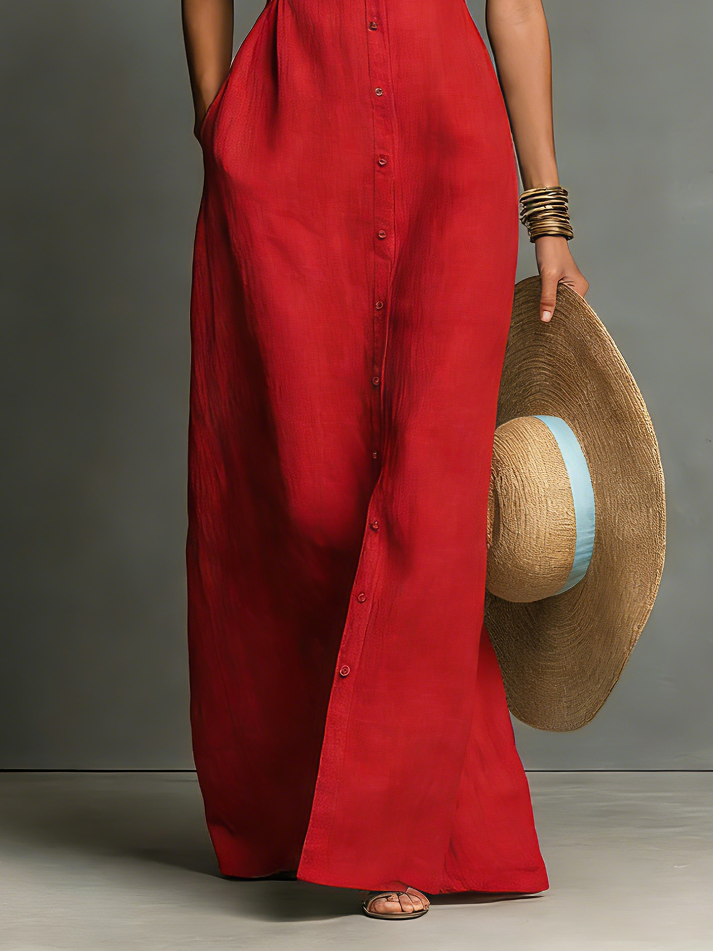 Women's Minimalist Linen-Blend Collared Single-Breasted Sleeveless Maxi Shirt Dress