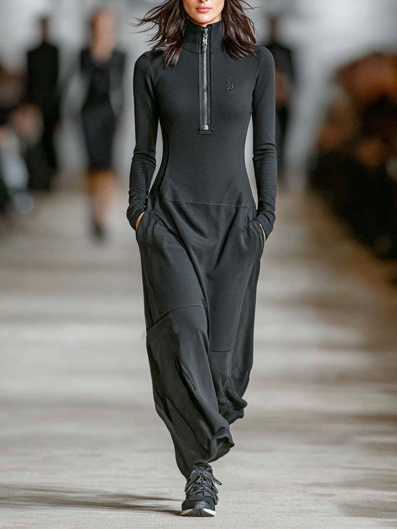 Women's Sports Cotton Blend Half-high Collar Zipper Loose Maxi Dress