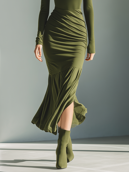 Women's Army Green Stretch Knit High Neck Pleated Slim Fit Maxi Dress