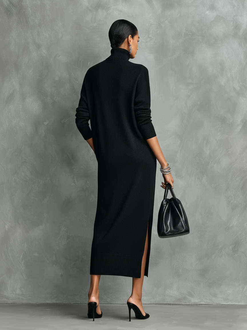 Women's Elegant Black Knitted Turtleneck Long-sleeved Loose-fitting  Midi Dress With No Pockets