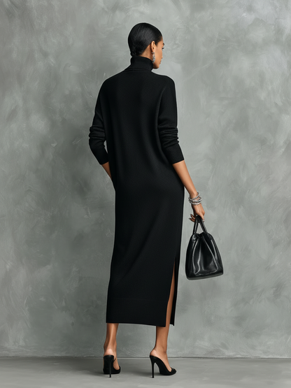 Women's Elegant Black Knitted Turtleneck Long-sleeved Loose-fitting  Midi Dress With No Pockets
