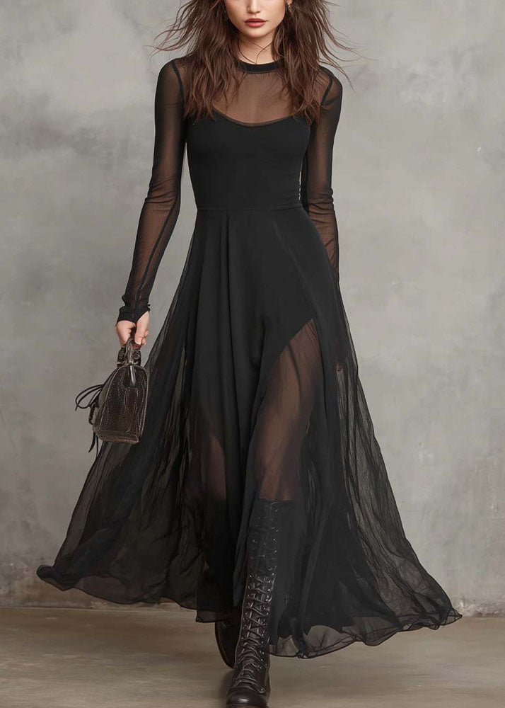Style Black O Neck Patchwork Exra Large Hem Chiffon Dress Summer