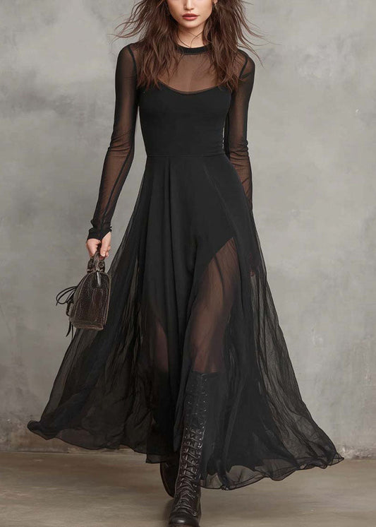 Style Black O Neck Patchwork Exra Large Hem Chiffon Dress Summer