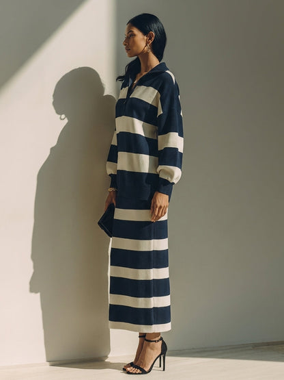 Women's Color-Block Striped Cotton-Blend Half-Zip Top & Midi Skirt Two-Piece Set
