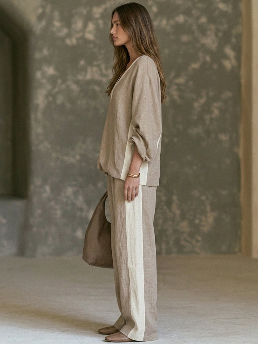 Women's Color-Block Linen-Blend V-Neck Top & Wide-Leg Pants Two-Piece Set