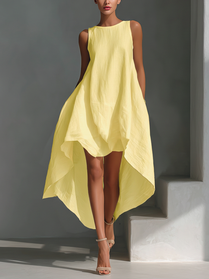 Women's White Linen Fabric Sleeveless Midi Dress With Round Neck & Asymmetric Hem