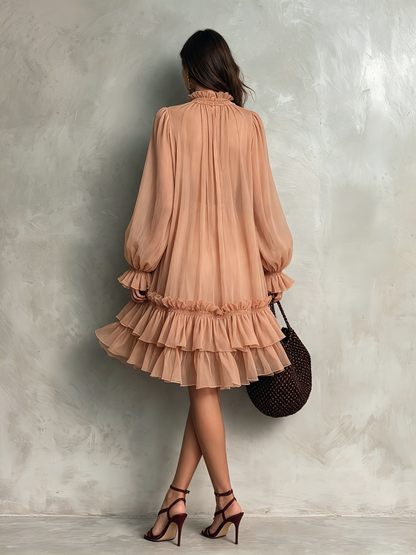 Women's Casual Apricot Chiffon Long-sleeve Mini Dress With A Round Neck