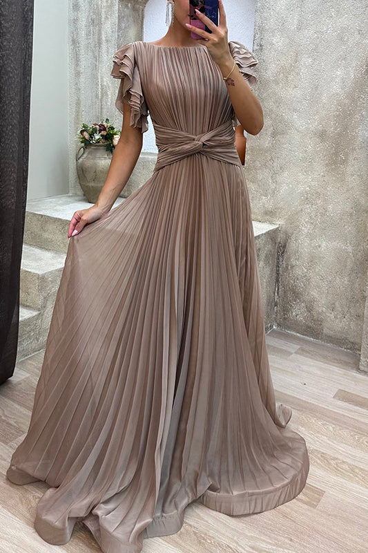 Mocha Elegant Queen Pleated Ruffle Sleeve Cross Waist Maxi Dress