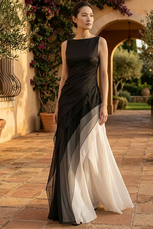 French Black High Waist Patchwork Tulle Maxi Dresses Sleeveless