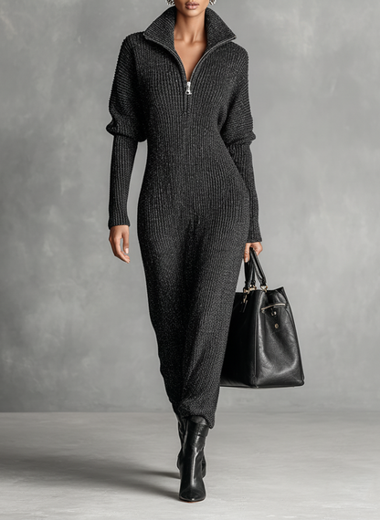 Women's Minimalist Solid Color Zipper Neck Knitted Maxi Dress