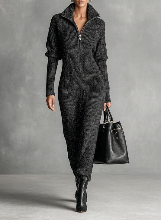 Women's Minimalist Solid Color Zipper Neck Knitted Maxi Dress