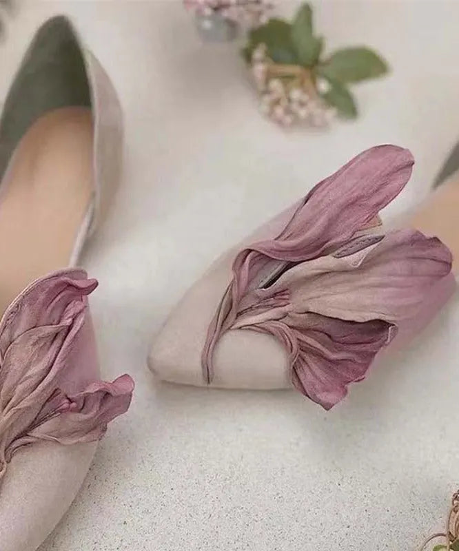 Handmade Green Satins Flower Pointed Toe Flat Shoes