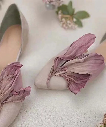 Handmade Green Satins Flower Pointed Toe Flat Shoes