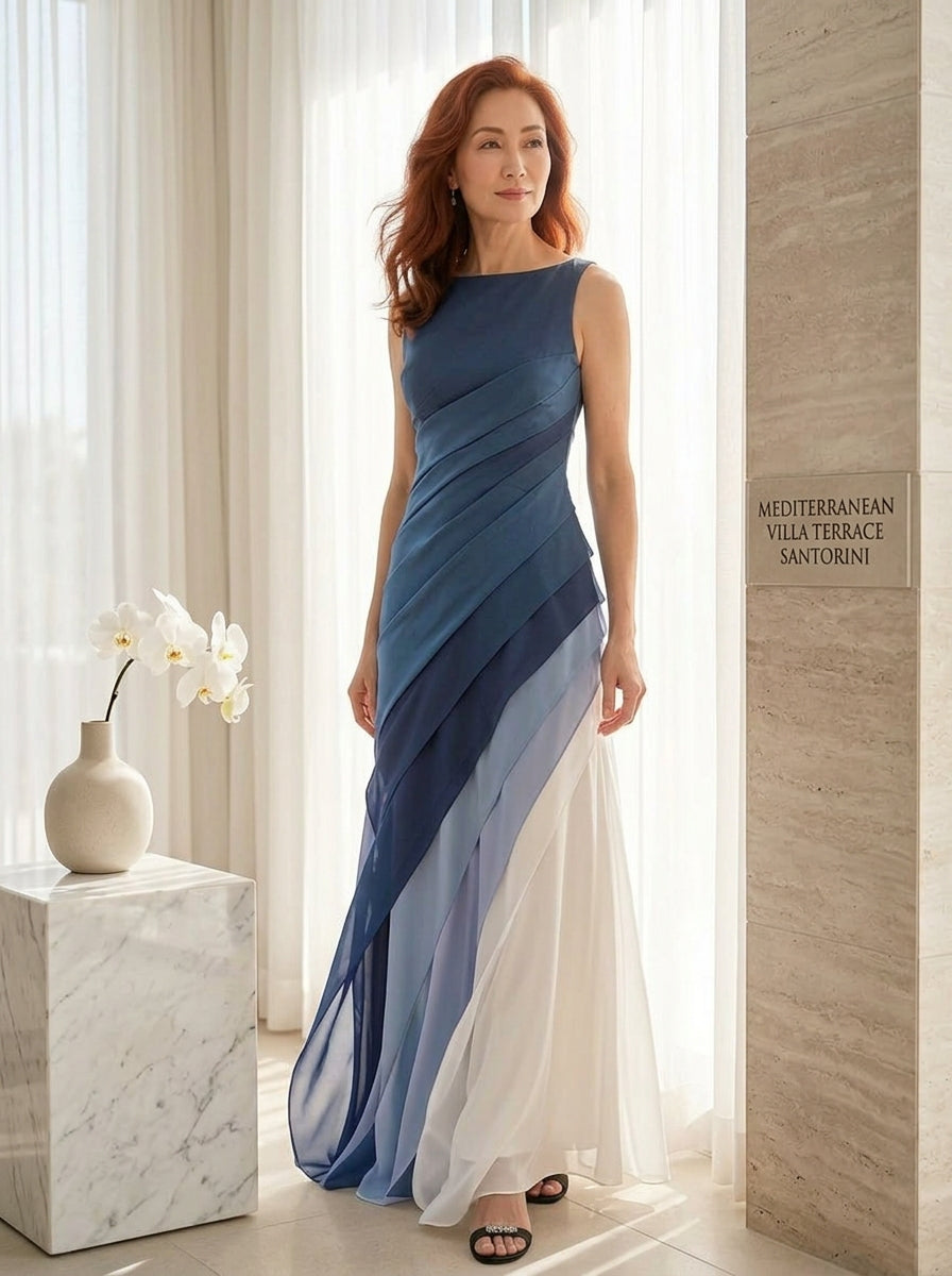 French Black High Waist Patchwork Tulle Maxi Dresses Sleeveless