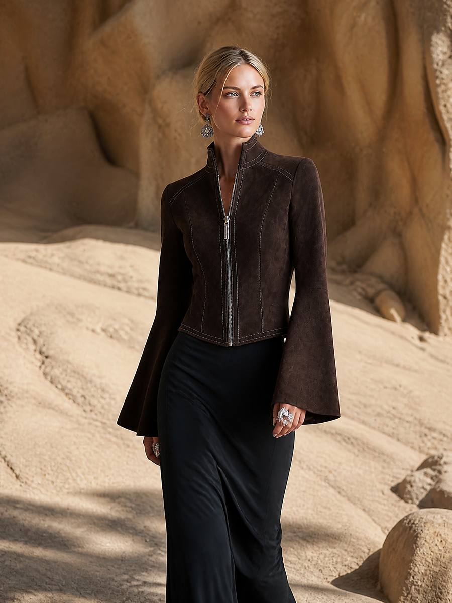 Women's Fitted Retro Solid Stand Collar Flare Sleeve Jacket