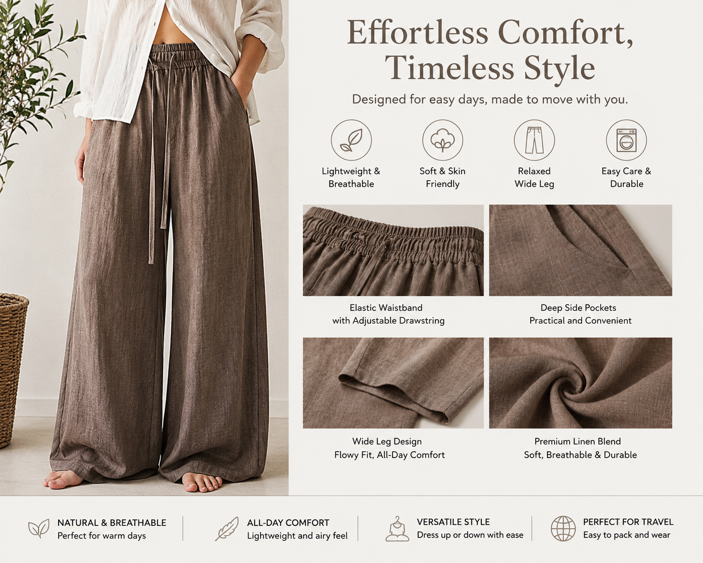 Old Money Style Faux Linen Wide-Leg Pants – Relaxed, Breathable & Effortlessly Elegant