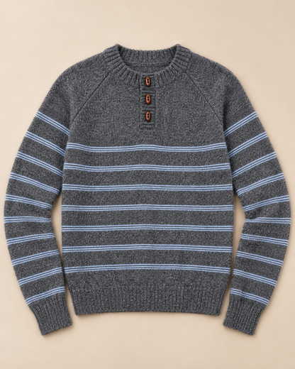 Women's Striped Wool Sweater – Henley Button-Neck Knit Pullover