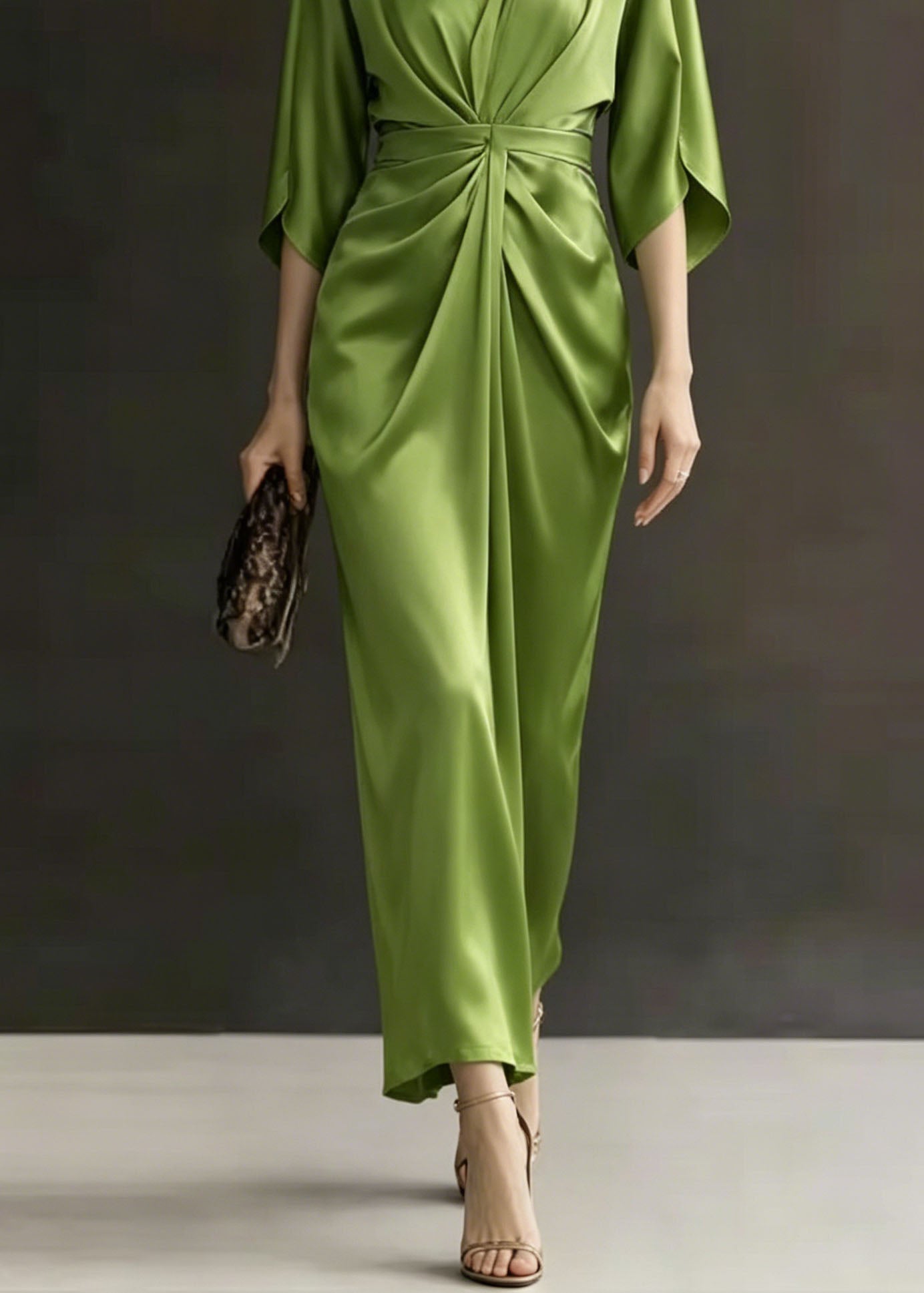 Beautiful Green V Neck Wrinkled Silk Dress Batwing Sleeve