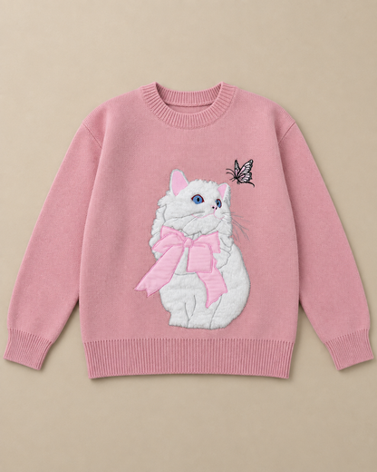 Women's Cat Wool Sweater – Crewneck Long Sleeve Knit Pullover