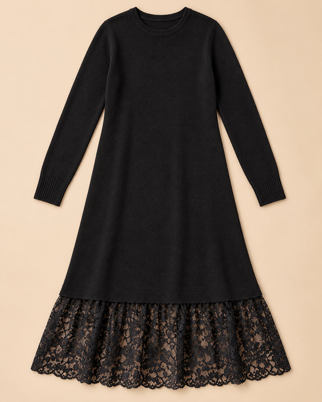 Women's Wool Sweater Dress – Lace Hem Long Sleeve Midi Knit Dress