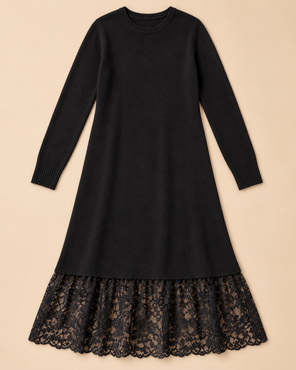 Women's Wool Sweater Dress – Lace Hem Long Sleeve Midi Knit Dress