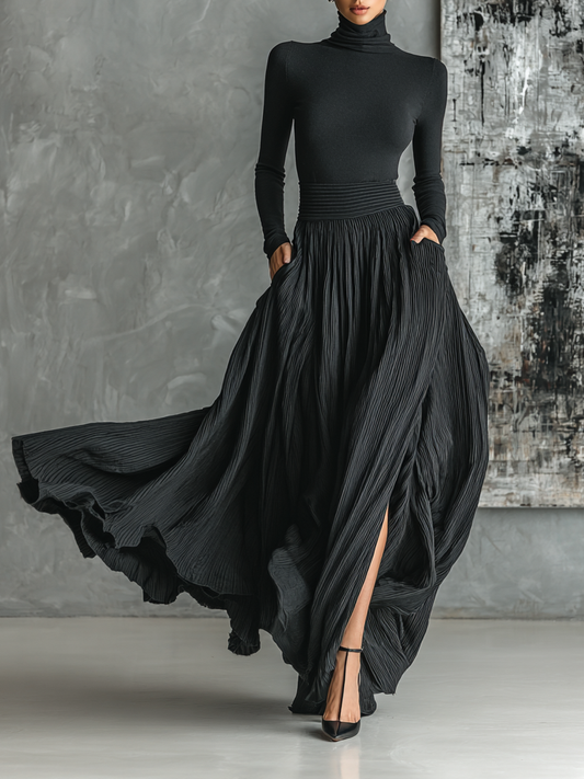 Women's Fashion All Black Skinny Turtleneck T-shirt Pleated Skirt Set