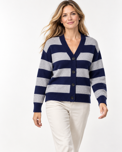Women's Wide Stripe Cardigan – V-Neck Button-Up Knit Sweater