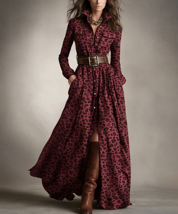 Retro Ethnic Style Lapel Reddish Brown Plaid Maxi Dress