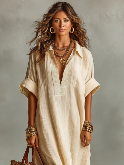 Women's Minimalist Loose-fitting Embroidered Short-sleeved Maxi Dress