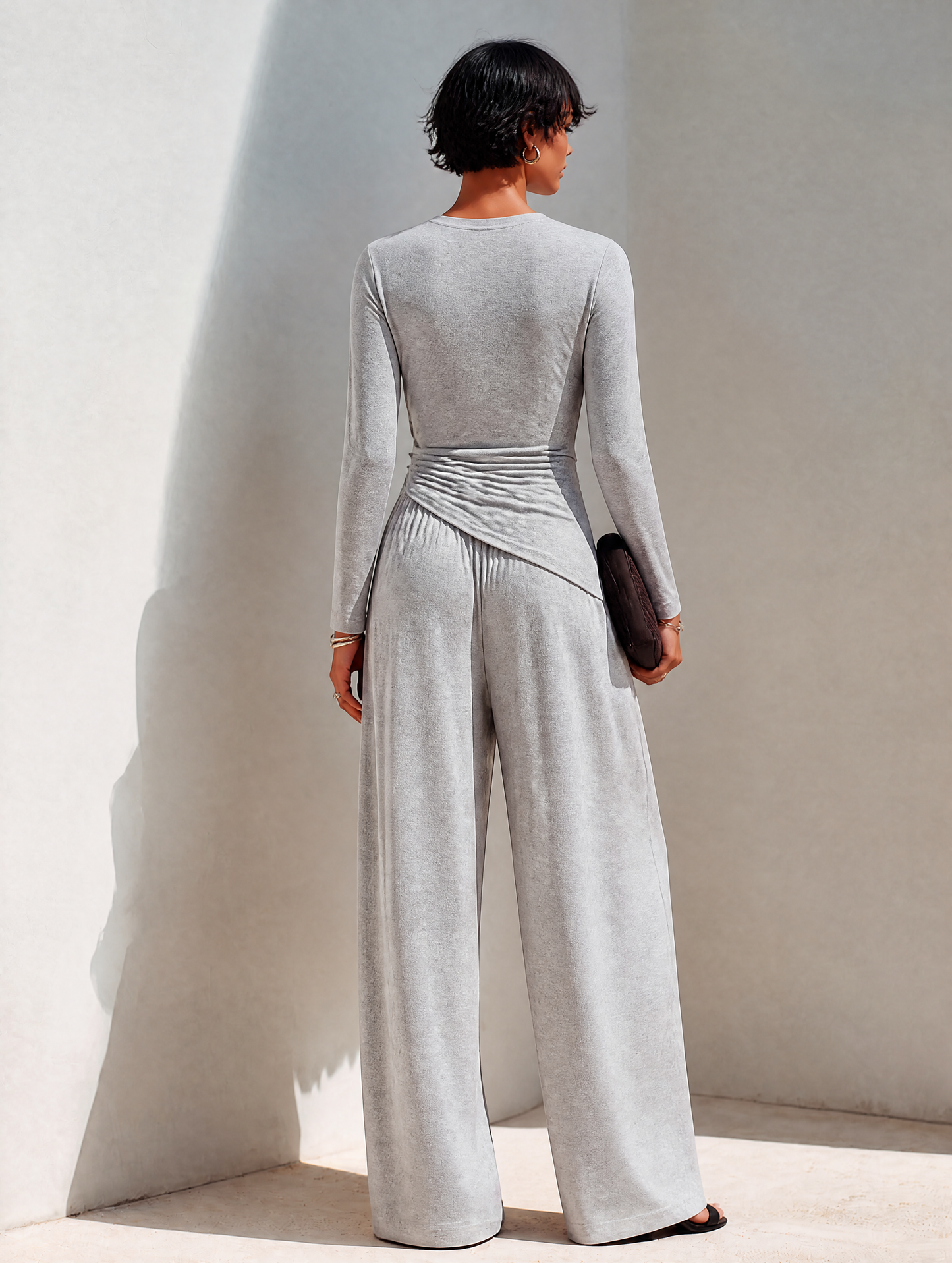 Women's Soft Light Grey Cotton-Blend Long-Sleeve Wrap Top & Wide-Leg Pants Set