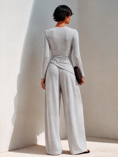 Women's Soft Light Grey Cotton-Blend Long-Sleeve Wrap Top & Wide-Leg Pants Set